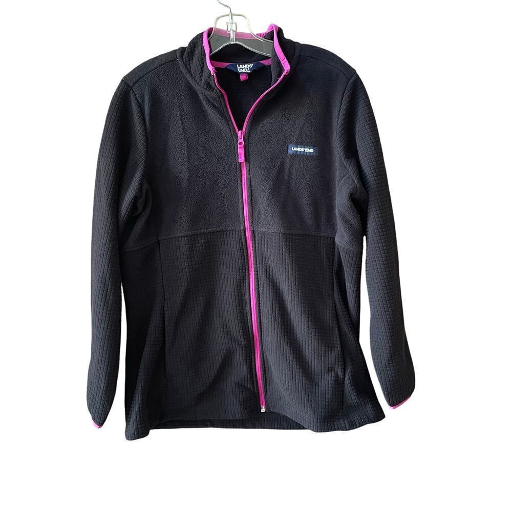 Lands End Full Zip Fleece Jacket Womens Size Large Black Pink Casual Layering
